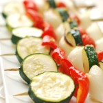 Mini Roasted Veggie Skewers w/ Raw Garlicky Basil Dip